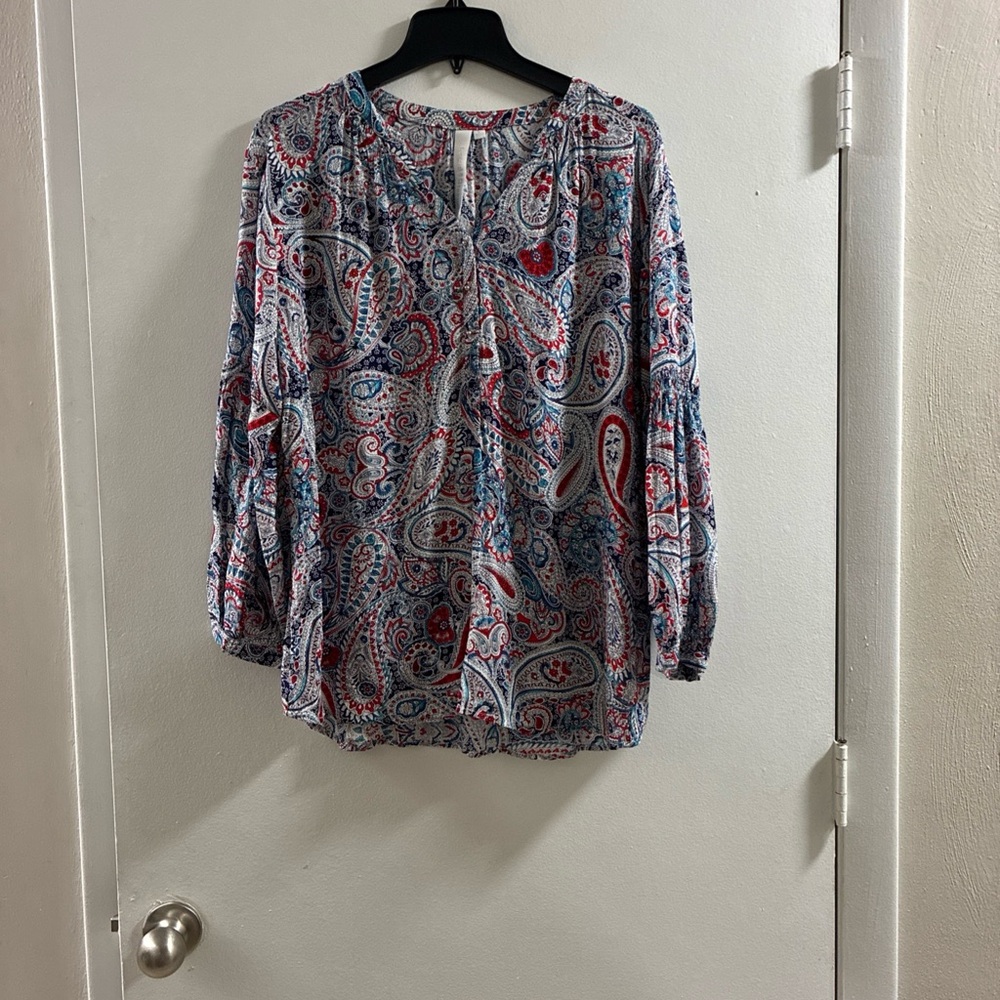 Grand & Greene Red and Blue Paisley 100% Rayon Peasant Blouse